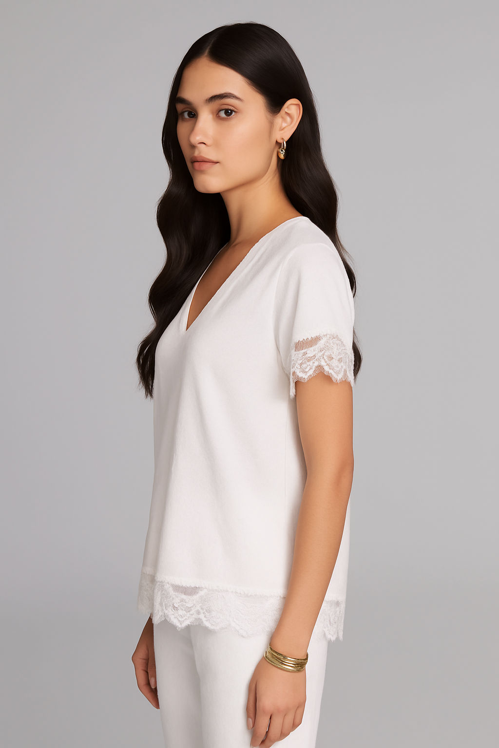 Blusa Oscalito 7524 Manga Corta - Jersey Algodón y Encaje Chantilly