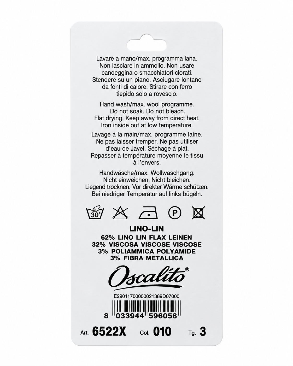 Blusa Oscalito 6522X - 62% Lino 32% Viscosa 3% Poliamida 3% Fibra Metálica