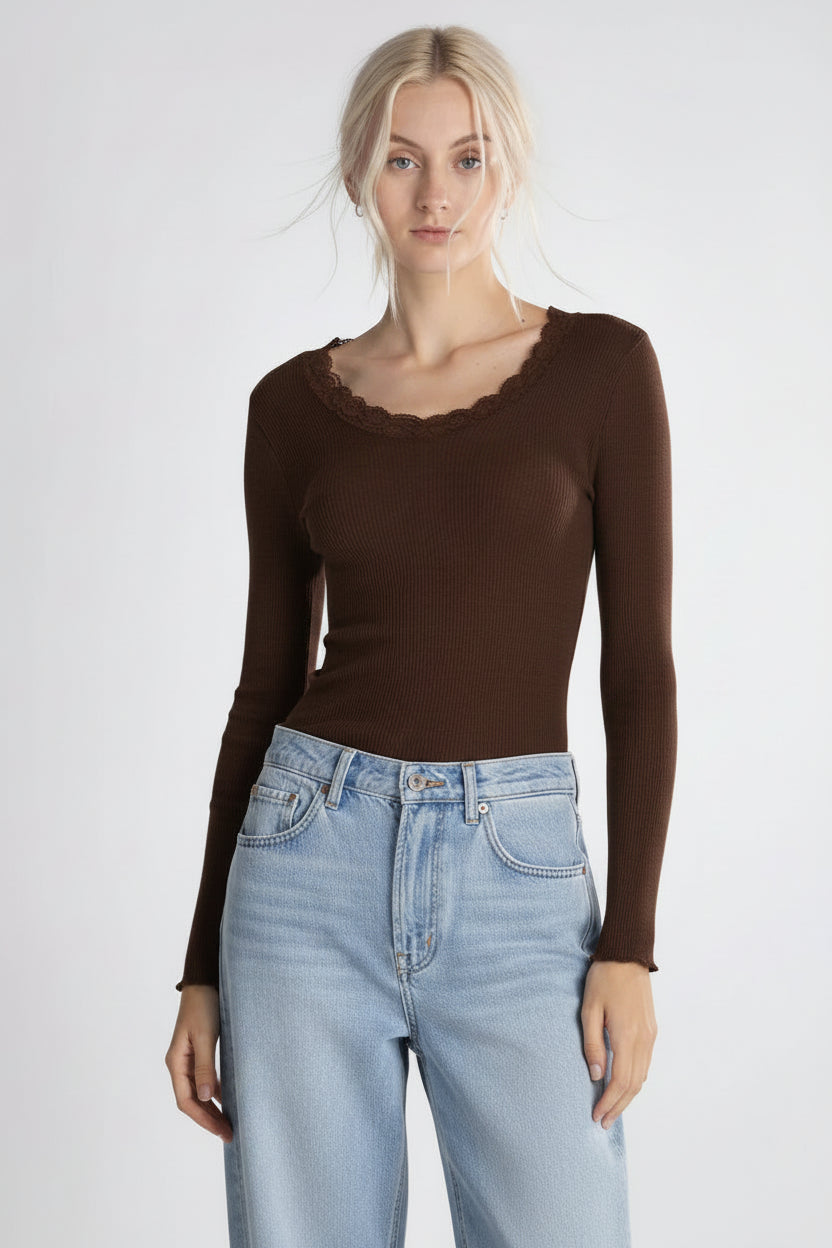 Camiseta Manga Larga Mujer Oscalito 3416 – 70% Lana Merino 30% Seda - Encaje Leavers