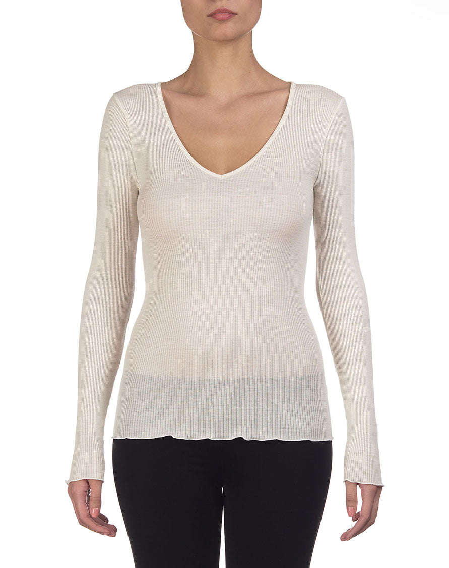 Camiseta Manga Larga Escote en V Mujer Oscalito 3486 – Lana Merino y Seda