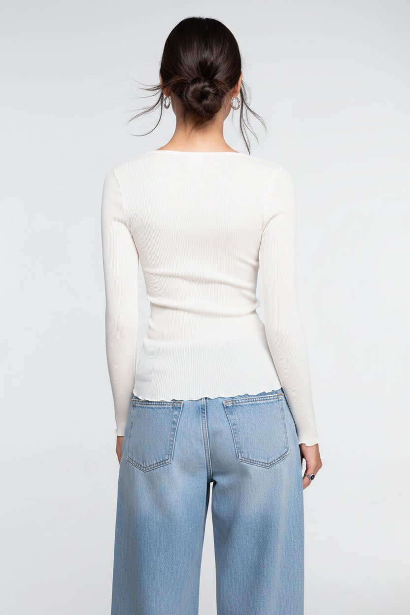 Camiseta Manga Larga Escote en V Mujer Oscalito 3486 – Lana Merino y Seda