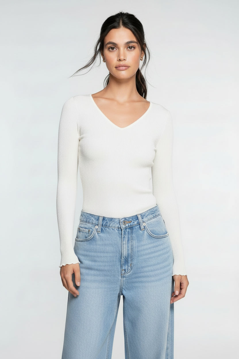 Camiseta Manga Larga Escote en V Mujer Oscalito 3486 – Lana Merino y Seda