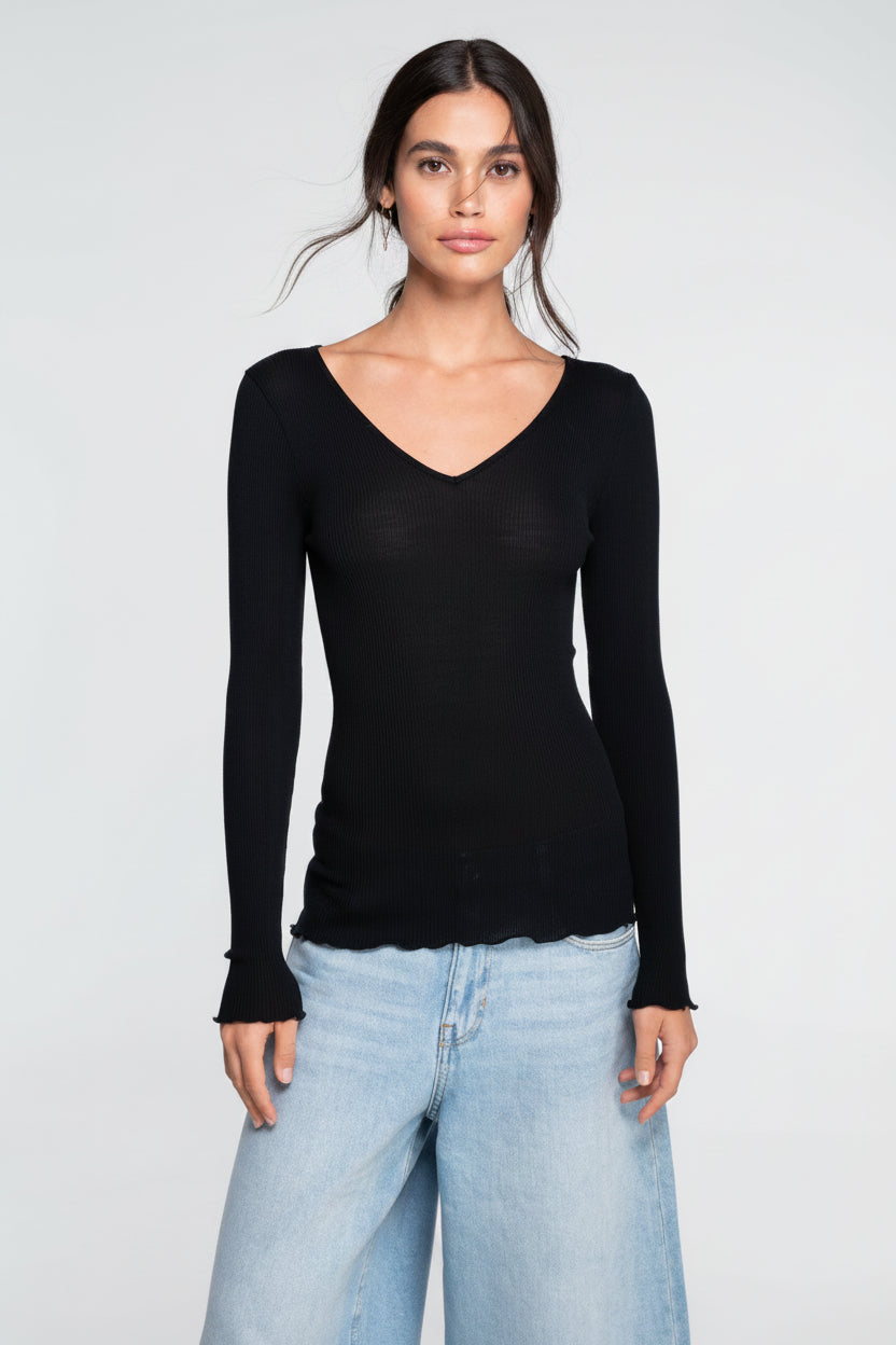 Camiseta Manga Larga Escote en V Mujer Oscalito 3486 – Lana Merino y Seda