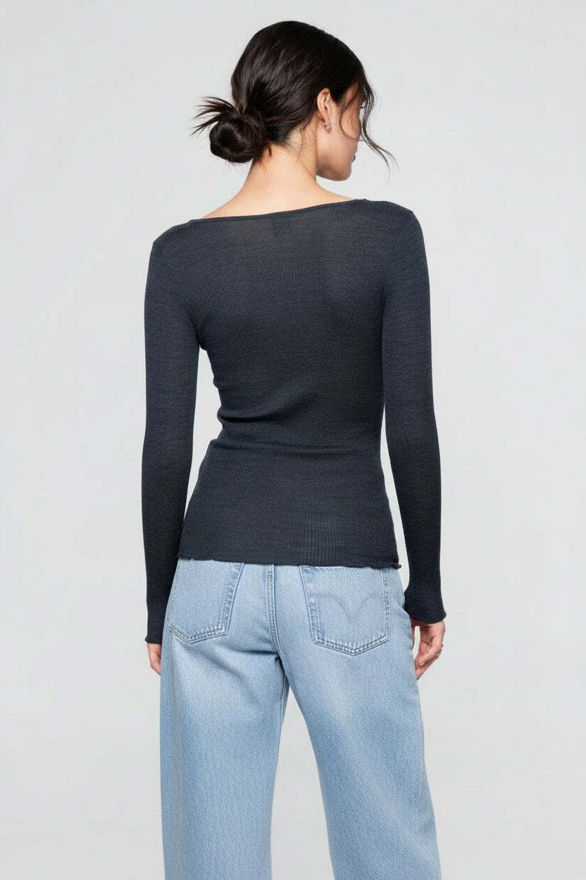 Camiseta Manga Larga Escote en V Mujer Oscalito 3486 – Lana Merino y Seda