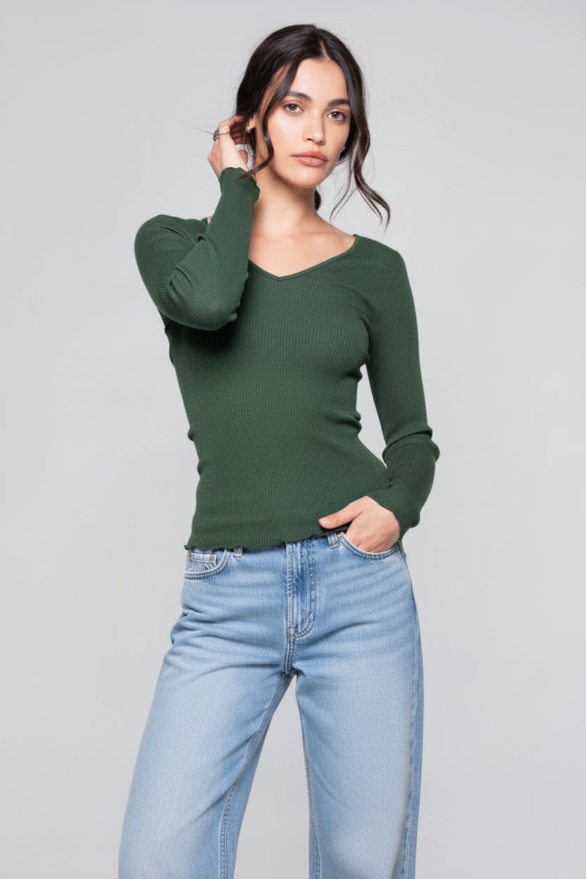 Camiseta Manga Larga Escote en V Mujer Oscalito 3486 – Lana Merino y Seda