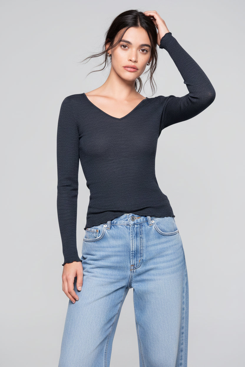 Camiseta Manga Larga Escote en V Mujer Oscalito 3486 – Lana Merino y Seda
