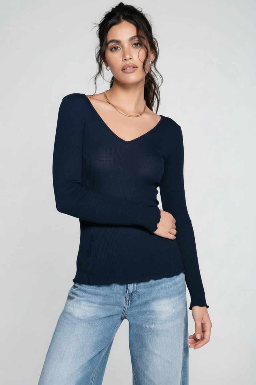 Camiseta Manga Larga Escote en V Mujer Oscalito 3486 – Lana Merino y Seda