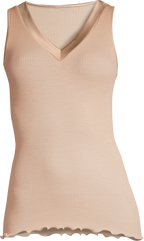 Polera Sin Manga Escote V Mujer Oscalito 4247 – Lana Merino, Seda y Satén de Seda