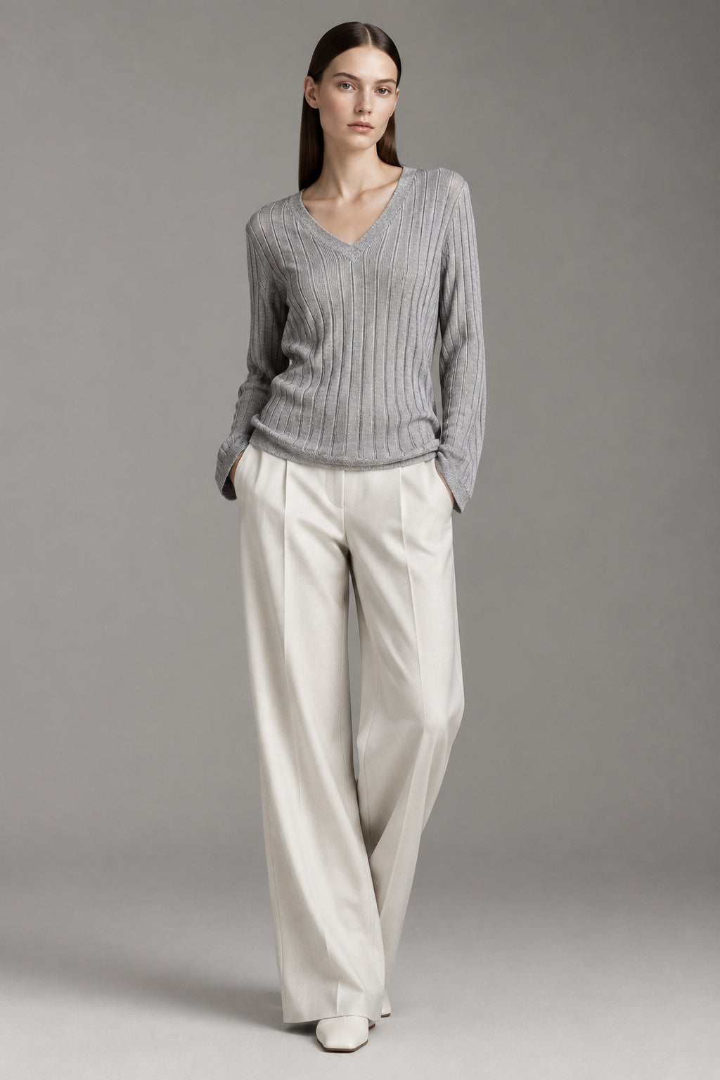 Sweater acanalado de lana y seda gris | Oscalito 5892
