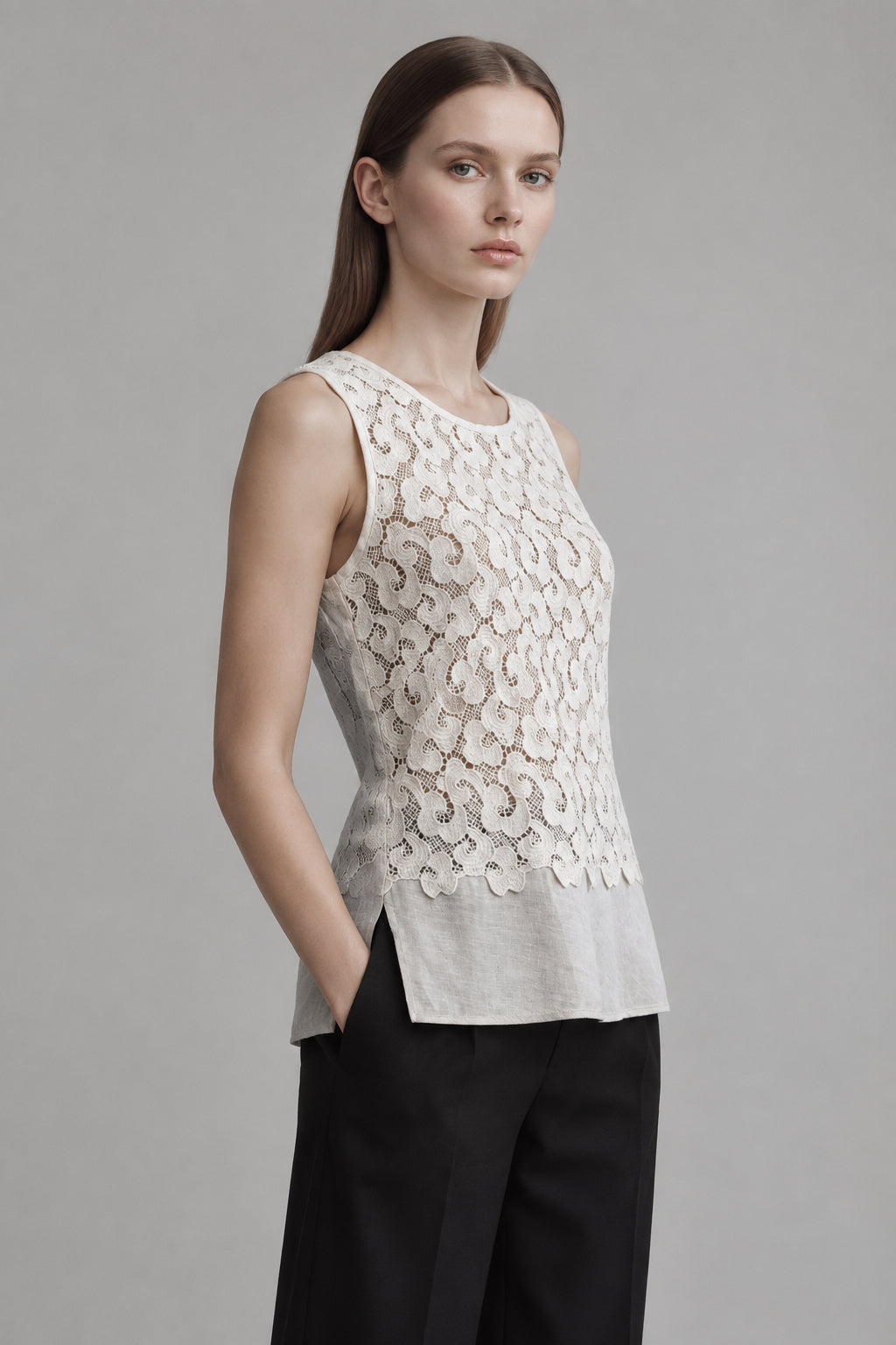 Blusa de lino sin mangas con encaje | Oscalito 6502L