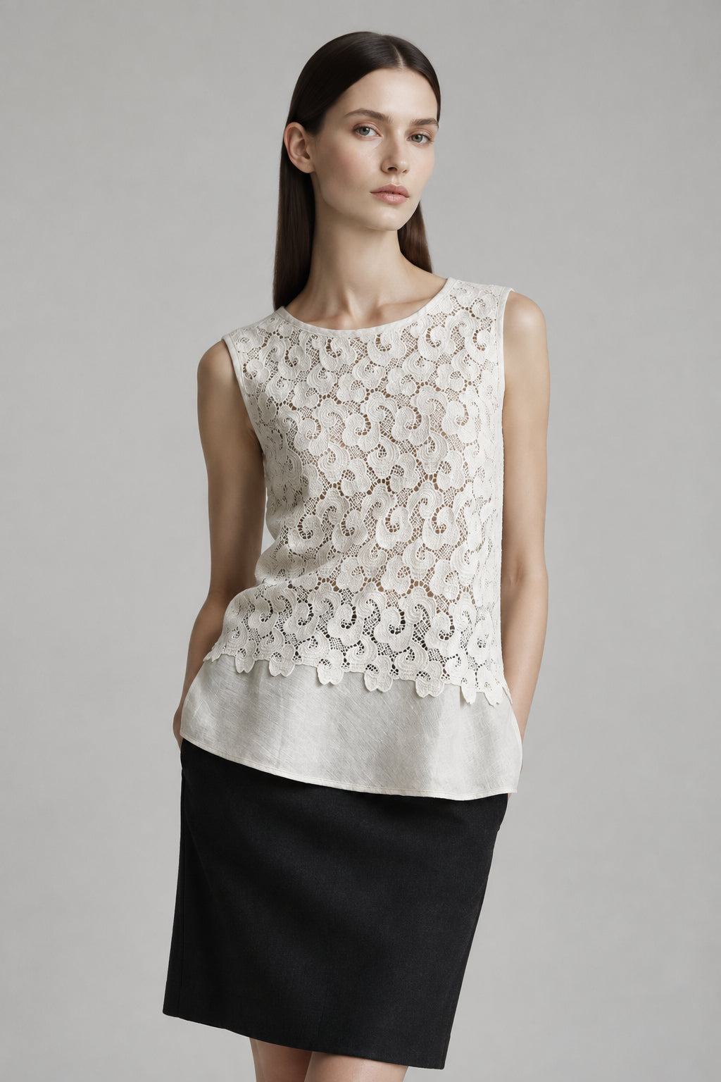 Blusa de lino sin mangas con encaje | Oscalito 6502L