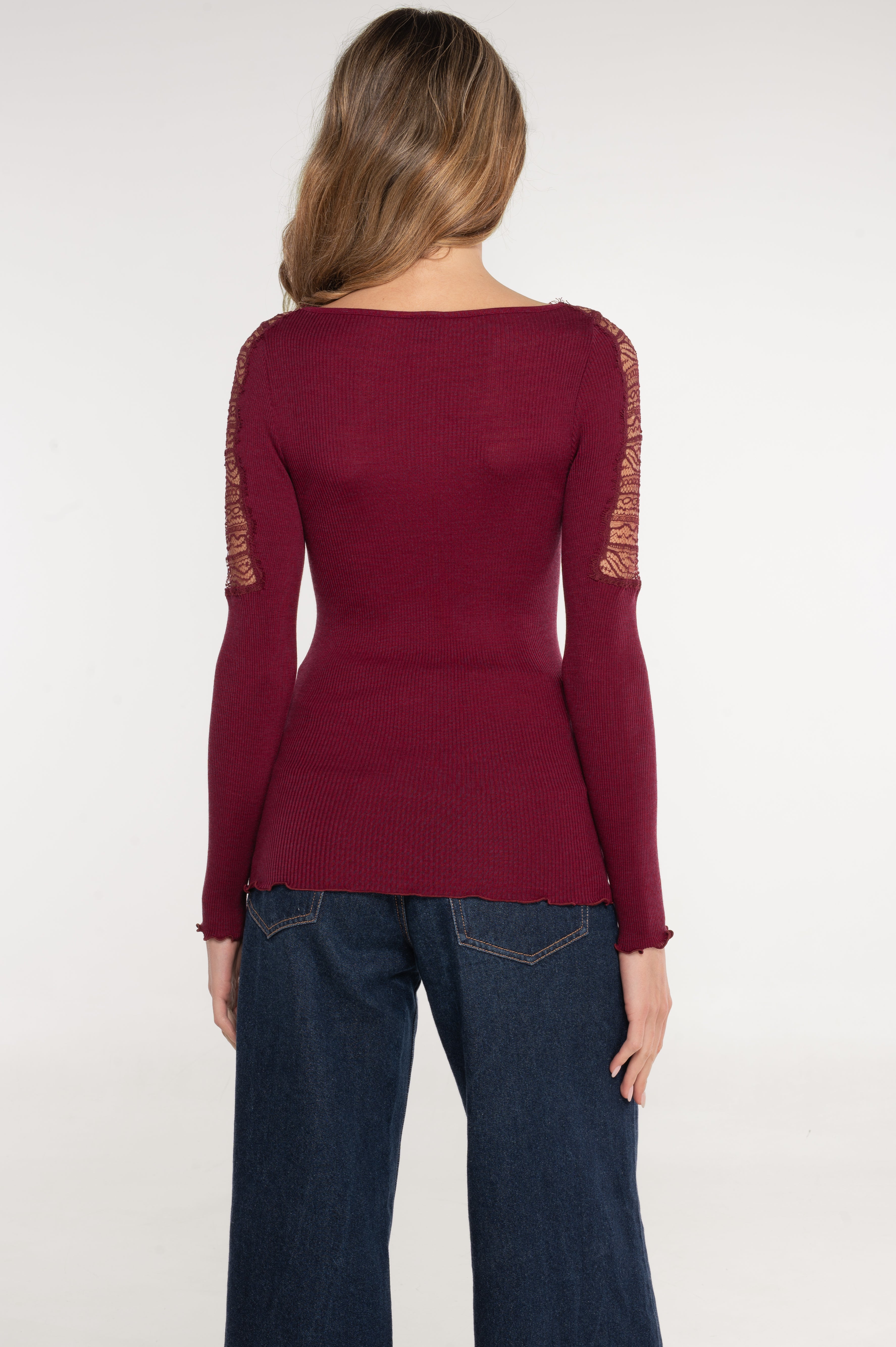 Blusa Manga Larga Mujer Oscalito 7415 – Lana Merino, Seda y Encaje Chantilly