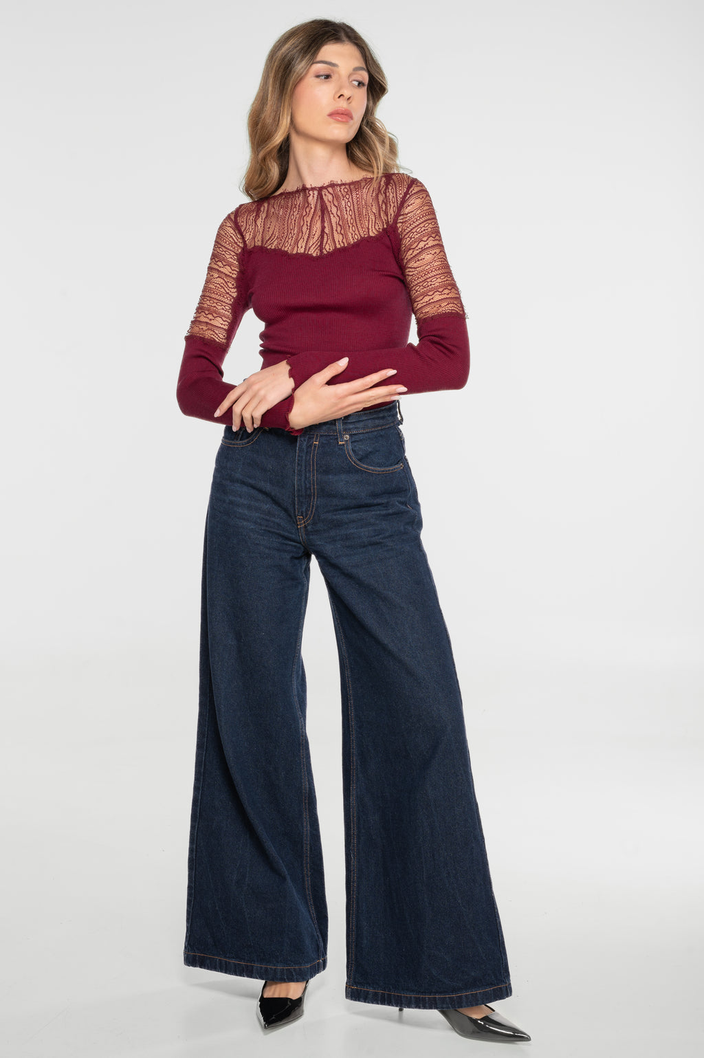 Blusa Manga Larga Mujer Oscalito 7415 – Lana Merino, Seda y Encaje Chantilly