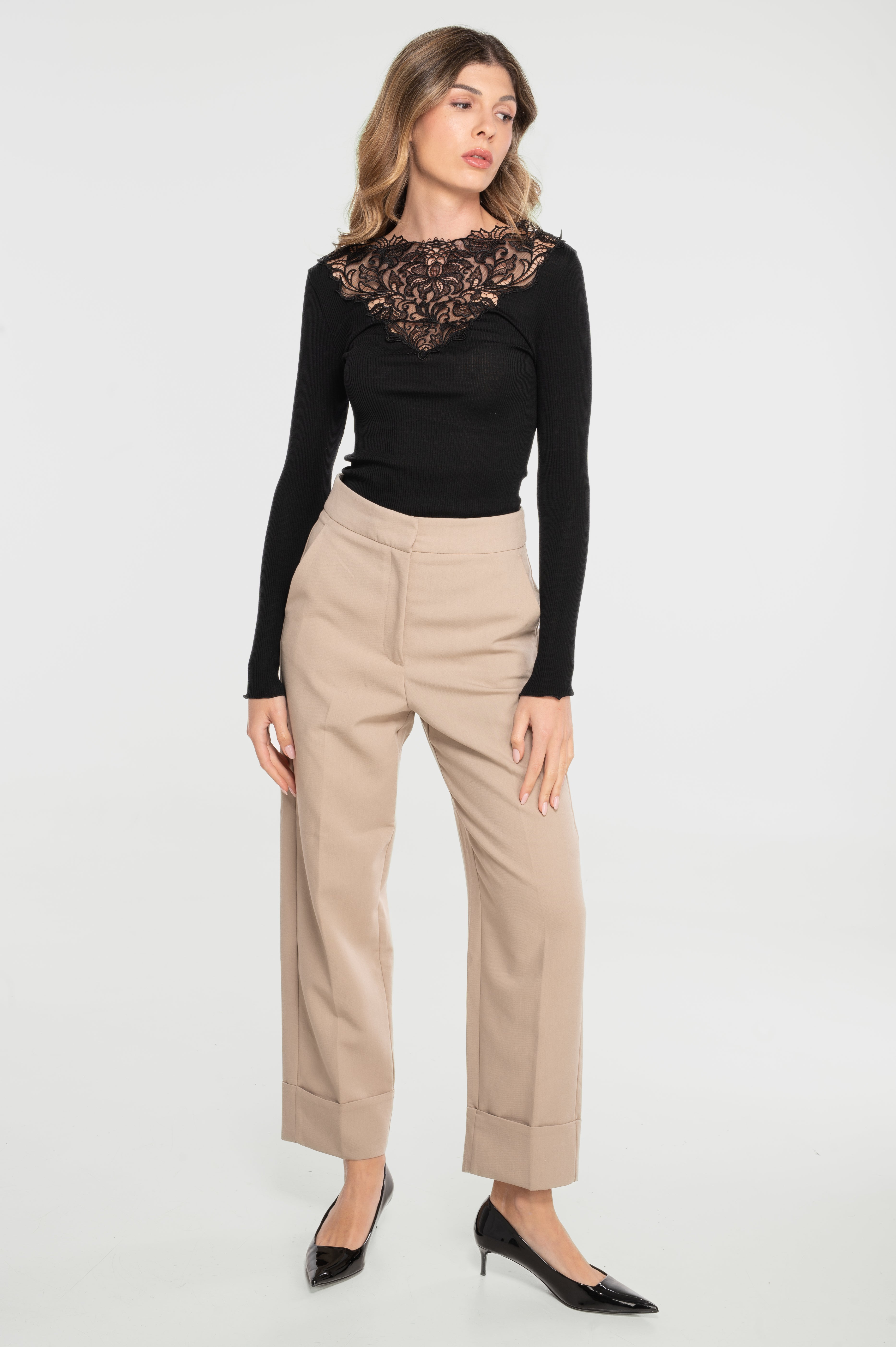 Blusa Manga Larga Mujer Oscalito 7422 – Lana Merino y Seda con Encaje Guipure