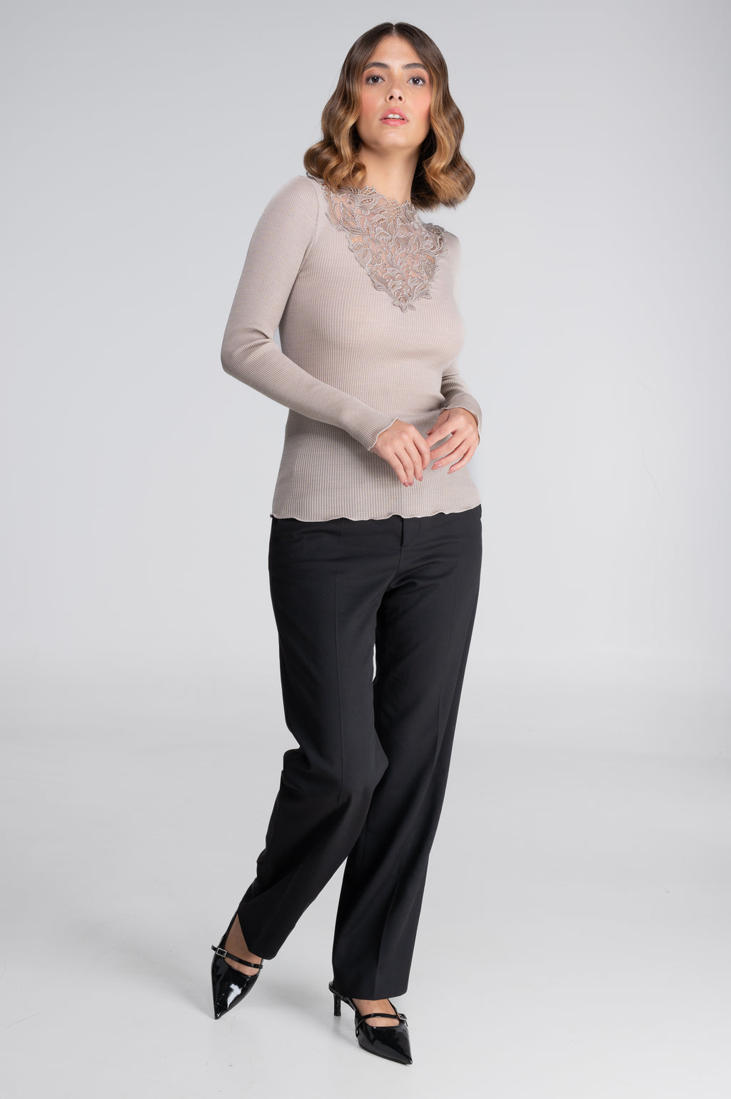 Blusa Manga Larga Mujer Oscalito 7422 – Lana Merino y Seda con Encaje Guipure