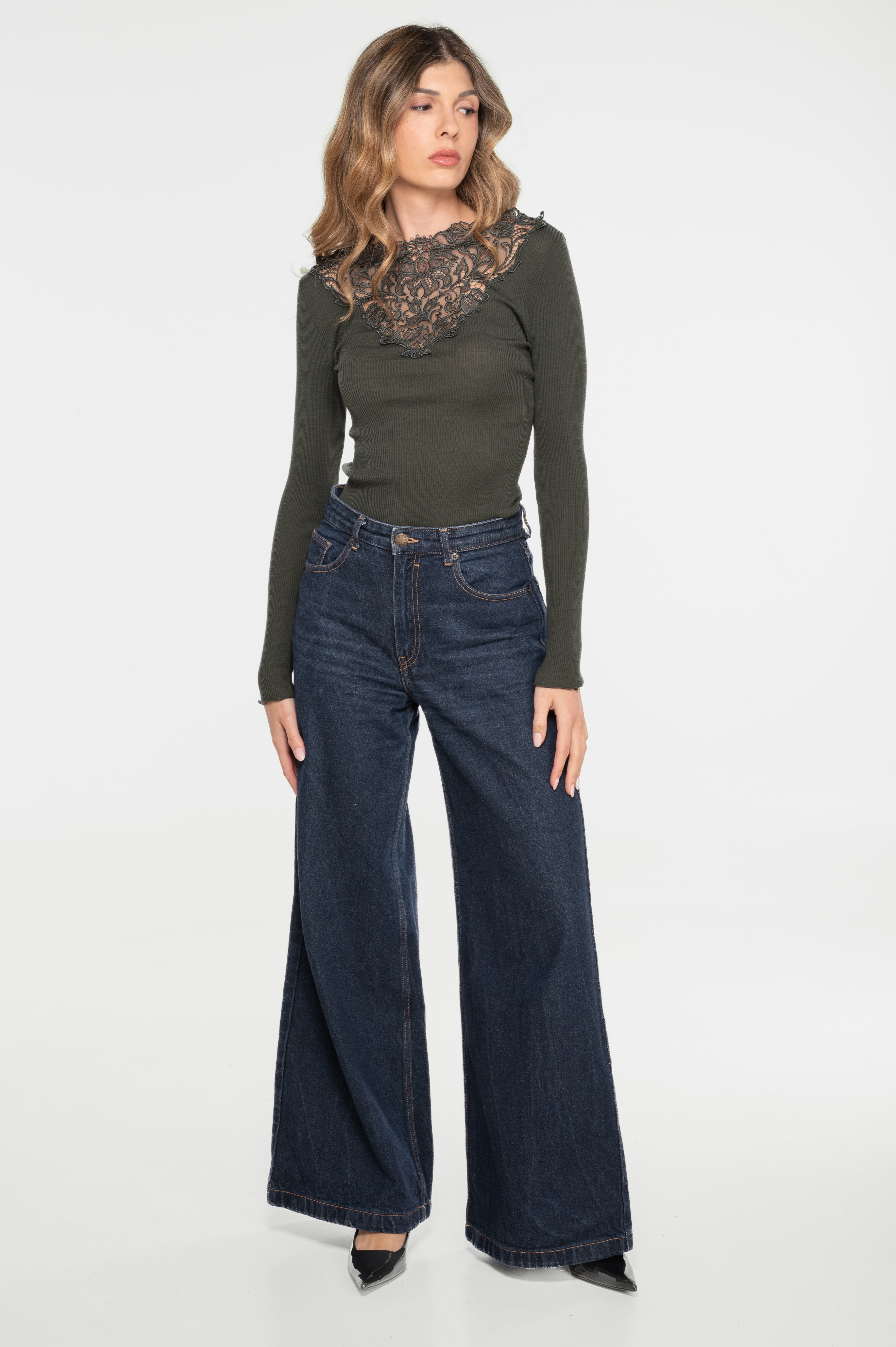 Blusa Manga Larga Mujer Oscalito 7422 – Lana Merino y Seda con Encaje Guipure