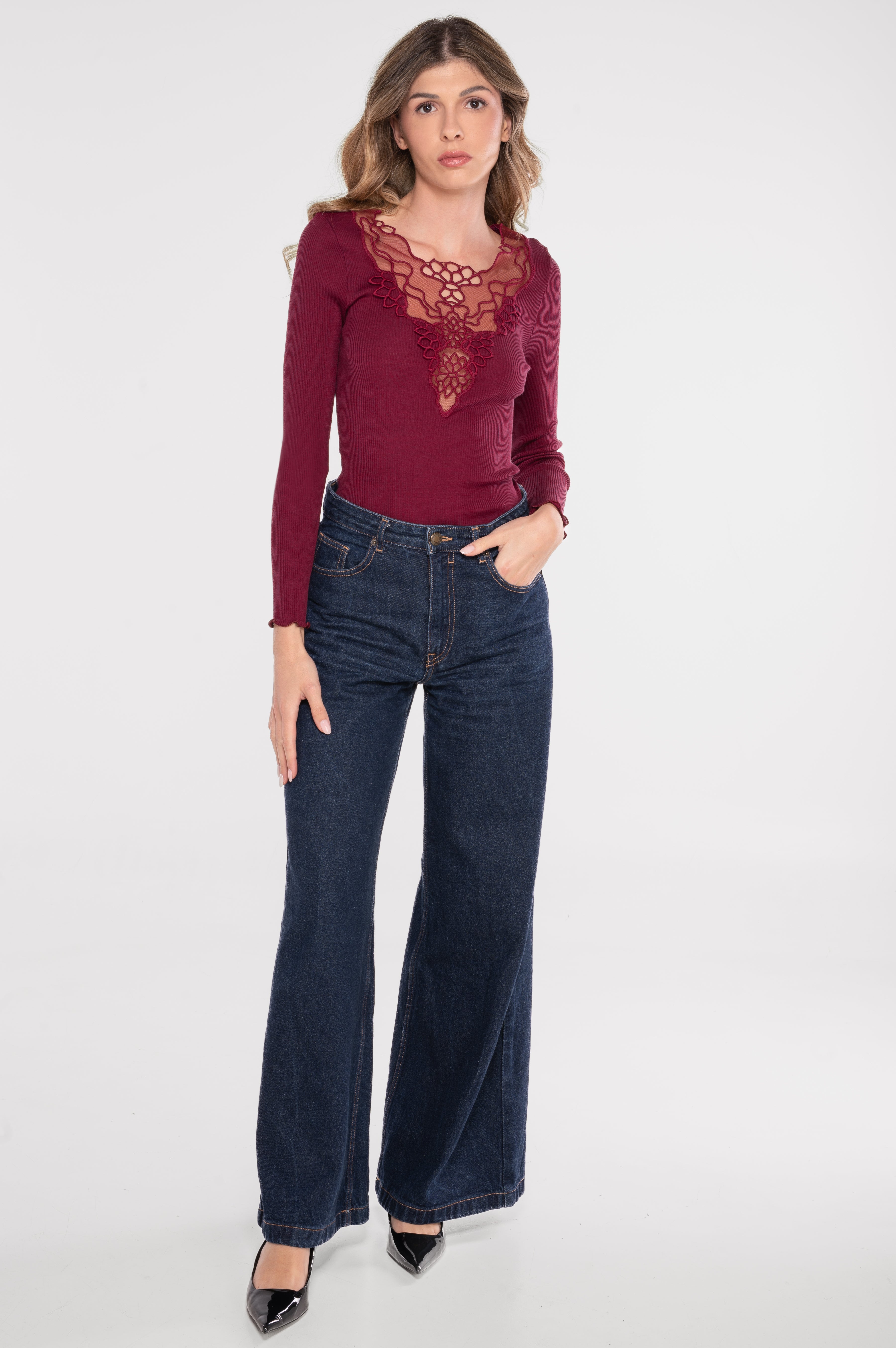 Blusa Manga Larga Mujer Oscalito 7429 – Lana Merino y Seda con Bordado Floral