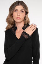 Blusa Manga Larga Mujer Oscalito 7438 – Lana Merino y Seda con Encaje de Puntilla