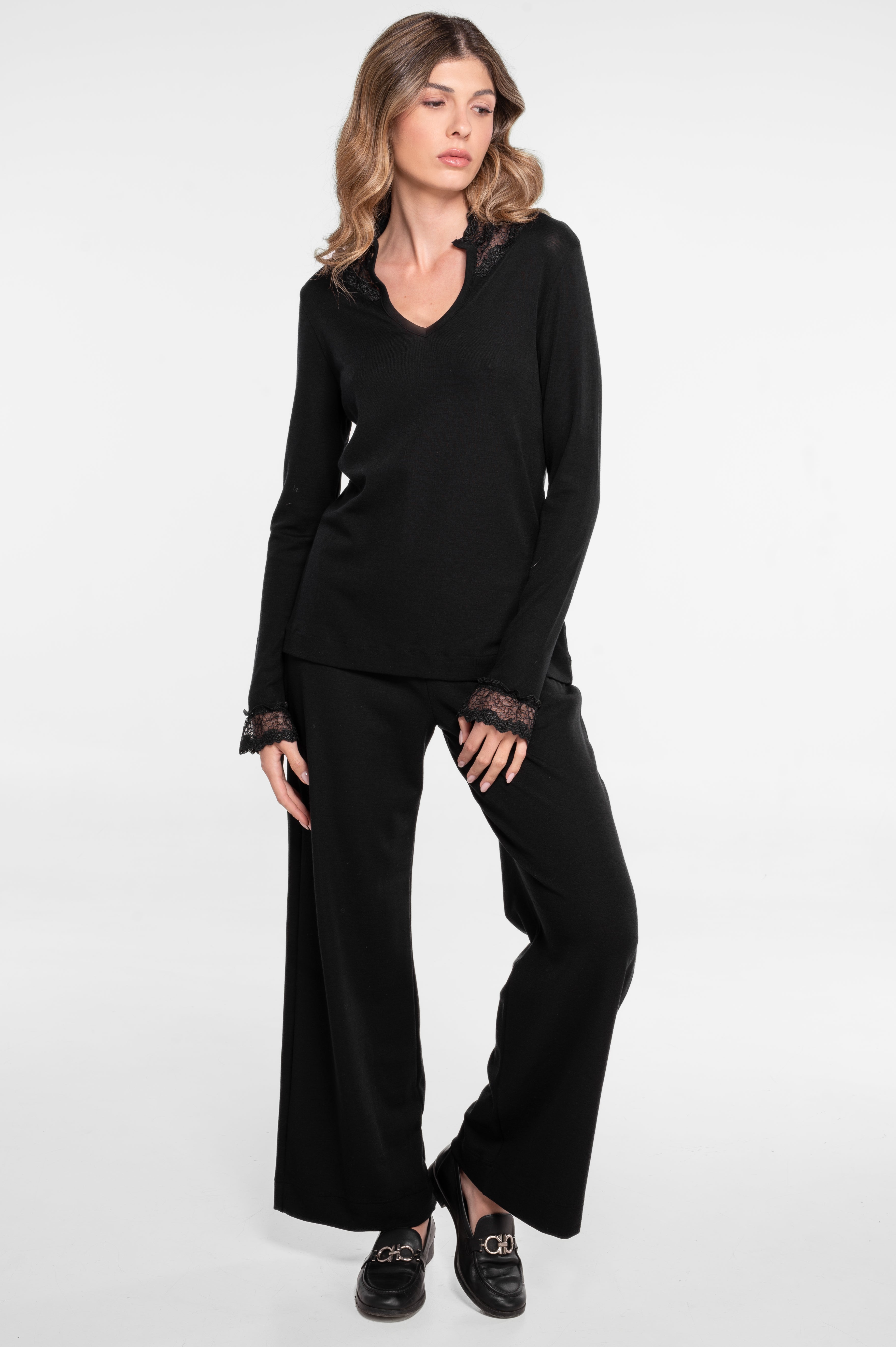Blusa Manga Larga Mujer Oscalito 7438 – Lana Merino y Seda con Encaje de Puntilla