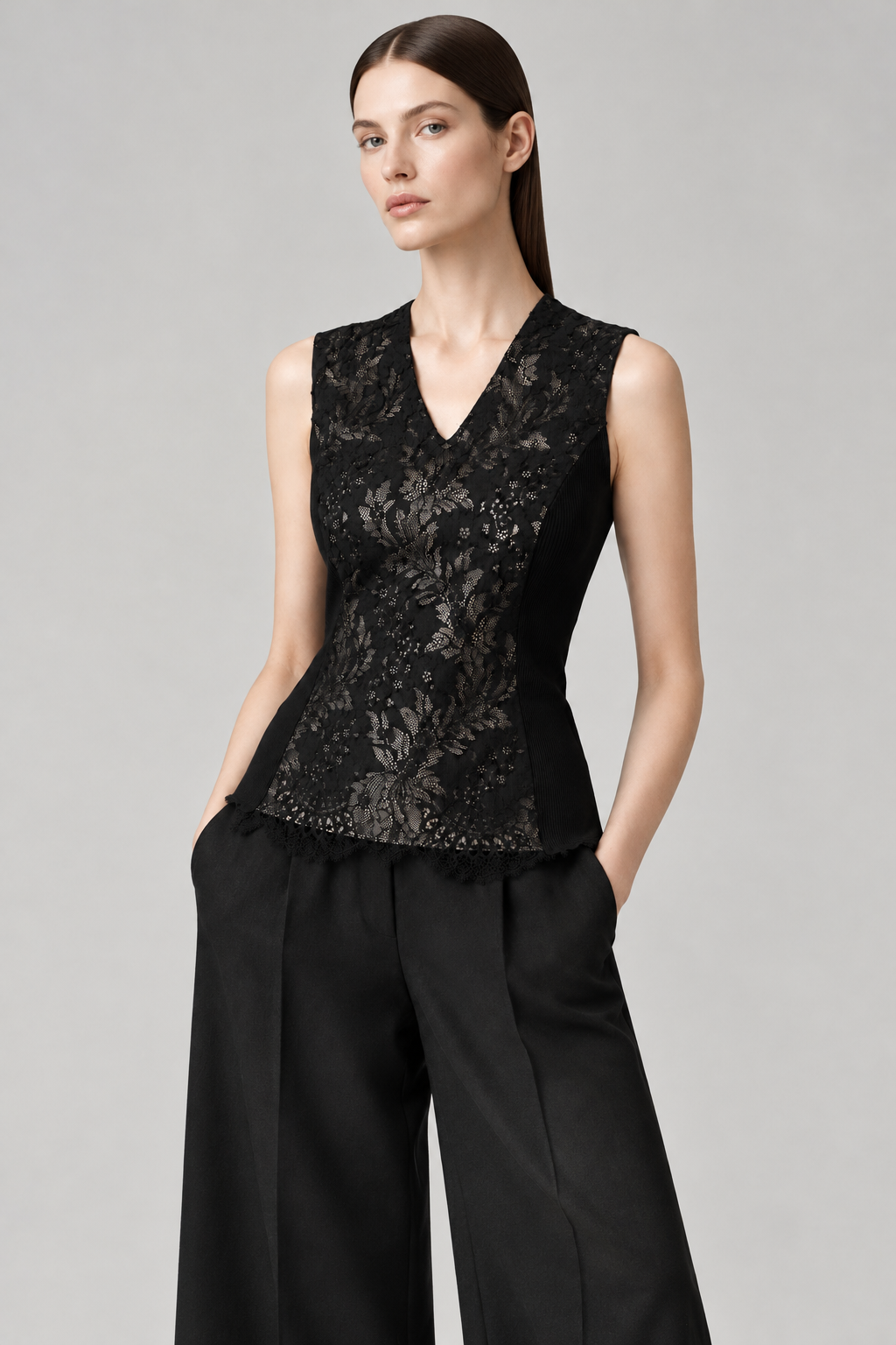 Blusa con encaje — Merino y seda · 6650